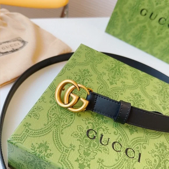 Size 85 cm New Gucci GG Marmont Thin Black Leather Belt with Gold Buckle - Picture 5 of 7